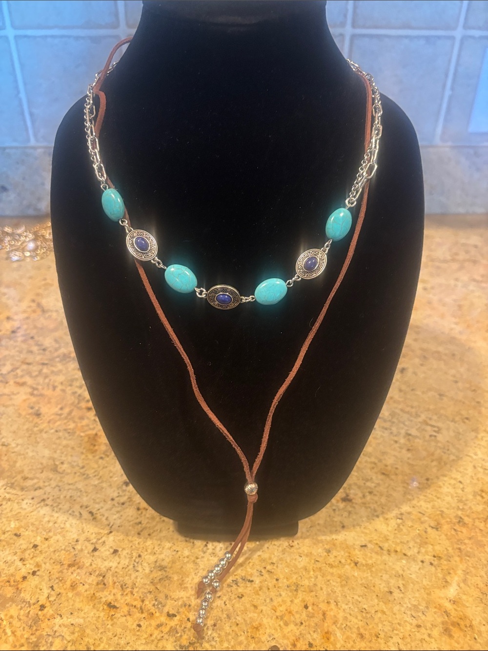 Turquoise Bead Layered Necklace with Brown Suede Strand